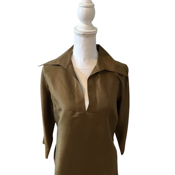 Vintage Harve Silk Collared Top Olive Green 12 - Picture 2 of 5
